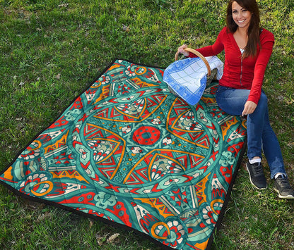 Teal Bohemian Mandala Pattern Print Quilt