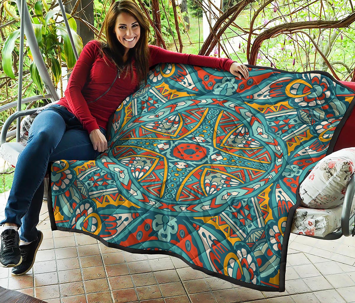 Teal Bohemian Mandala Pattern Print Quilt