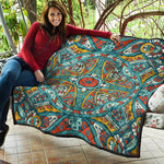 Teal Bohemian Mandala Pattern Print Quilt