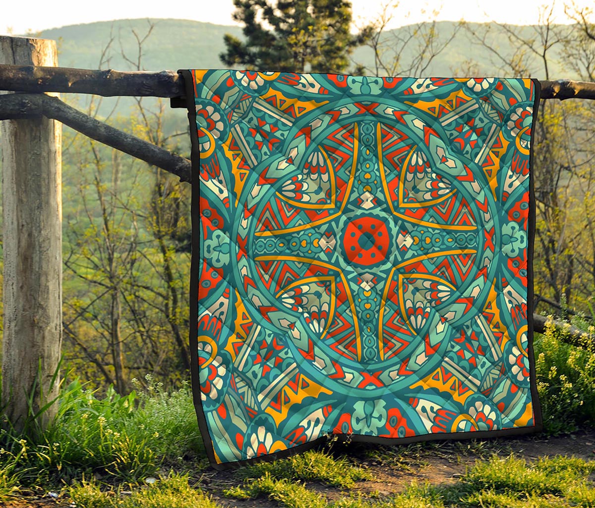 Teal Bohemian Mandala Pattern Print Quilt