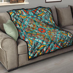 Teal Bohemian Mandala Pattern Print Quilt