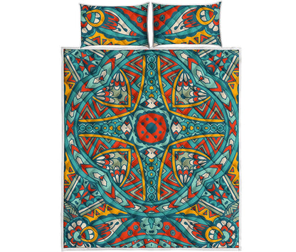 Teal Bohemian Mandala Pattern Print Quilt Bed Set