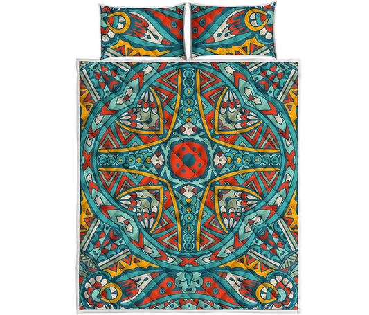 Teal Bohemian Mandala Pattern Print Quilt Bed Set