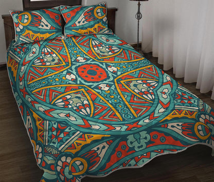 Teal Bohemian Mandala Pattern Print Quilt Bed Set