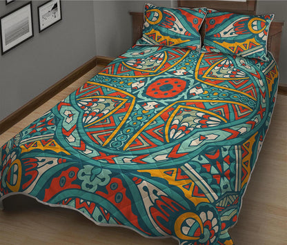 Teal Bohemian Mandala Pattern Print Quilt Bed Set