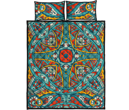 Teal Bohemian Mandala Pattern Print Quilt Bed Set