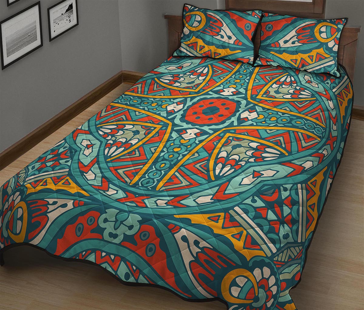 Teal Bohemian Mandala Pattern Print Quilt Bed Set