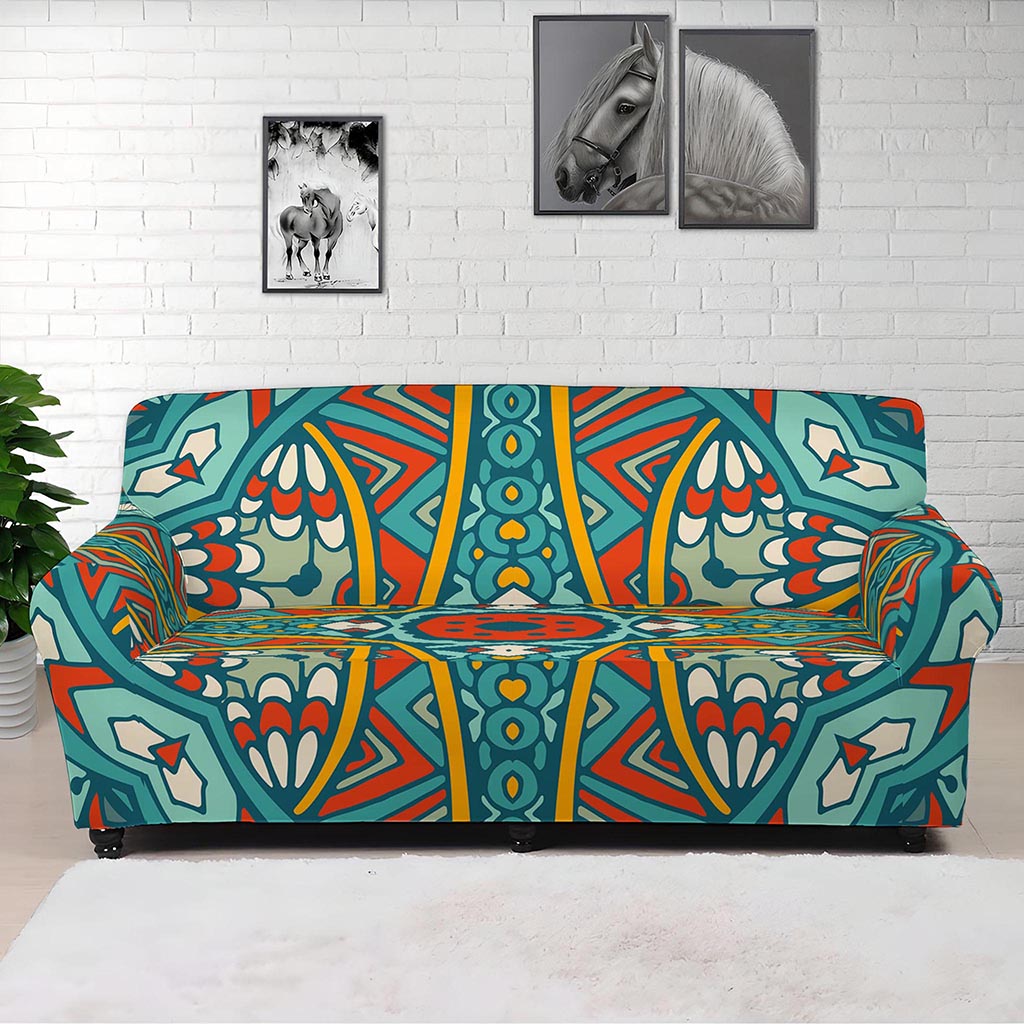 Teal Bohemian Mandala Pattern Print Sofa Cover