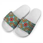 Teal Bohemian Mandala Pattern Print White Slide Sandals