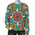 Teal Bohemian Mandala Pattern Print Women's Crewneck Sweatshirt GearFrost