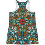 Teal Bohemian Mandala Pattern Print Women's Racerback Tank Top