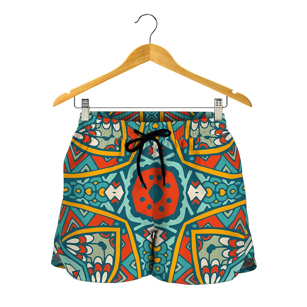 Teal Bohemian Mandala Pattern Print Women's Shorts