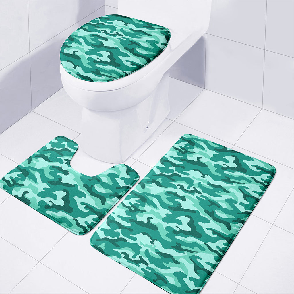 Teal Camouflage Print 3 Piece Bath Mat Set