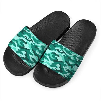 Teal Camouflage Print Black Slide Sandals