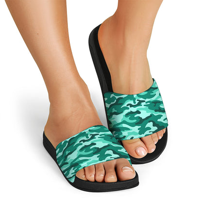 Teal Camouflage Print Black Slide Sandals