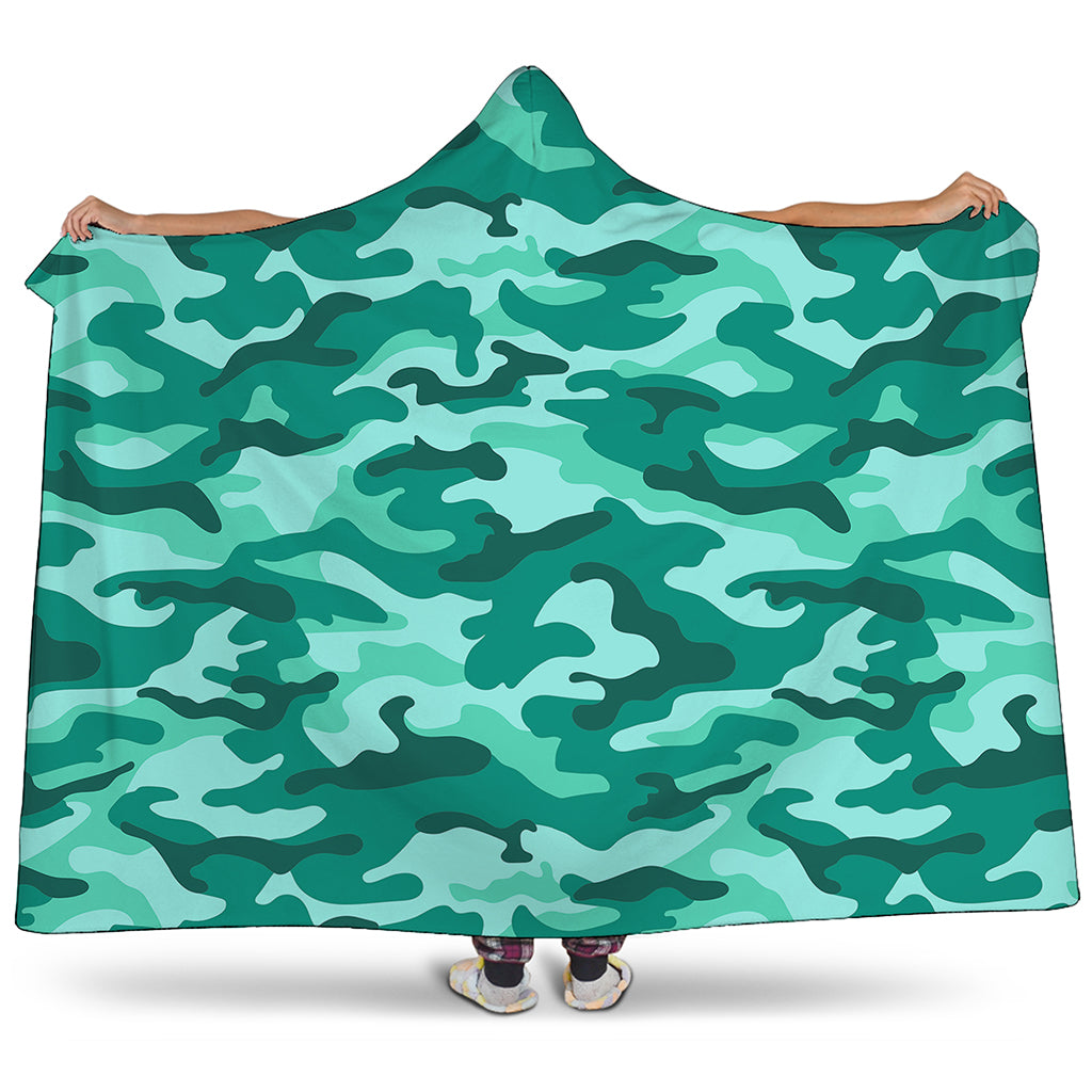Teal Camouflage Print Hooded Blanket