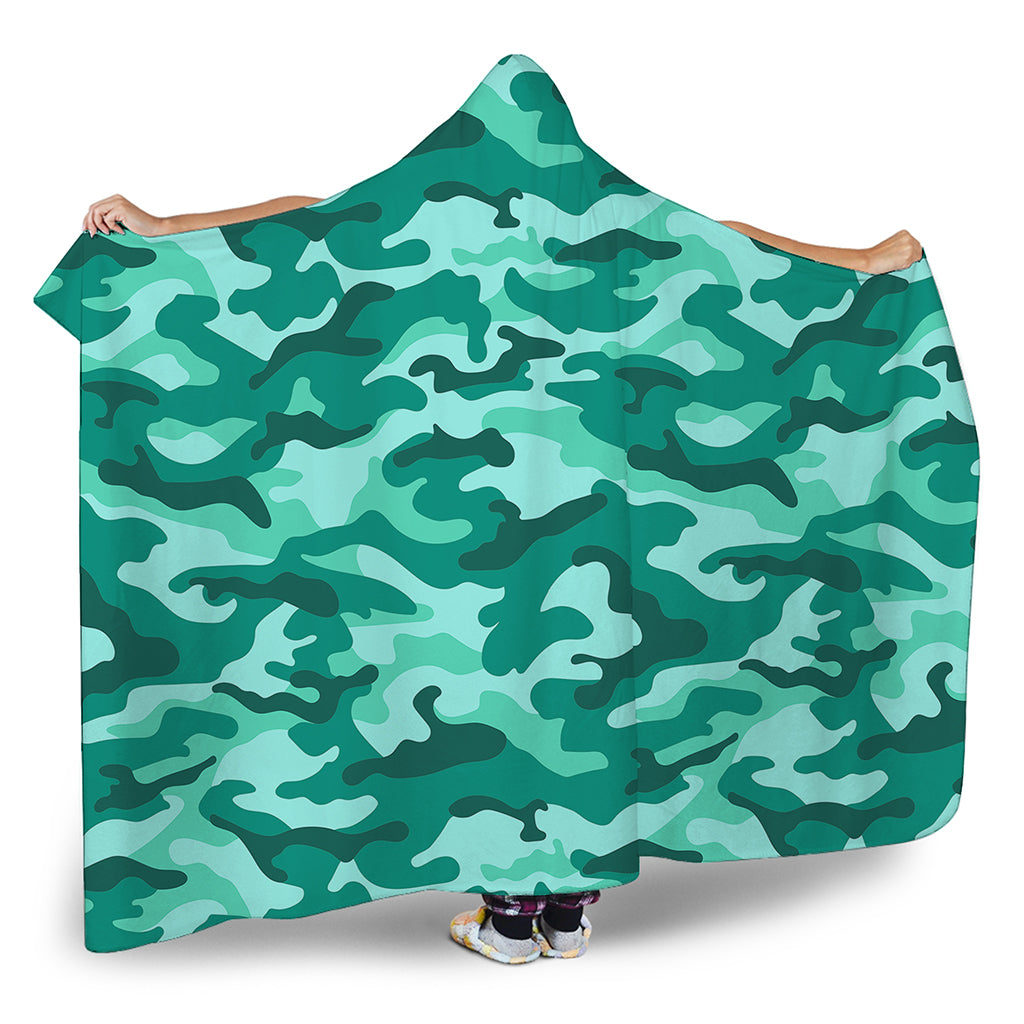 Teal Camouflage Print Hooded Blanket