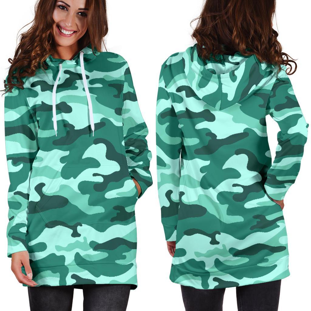 Teal Camouflage Print Hoodie Dress GearFrost