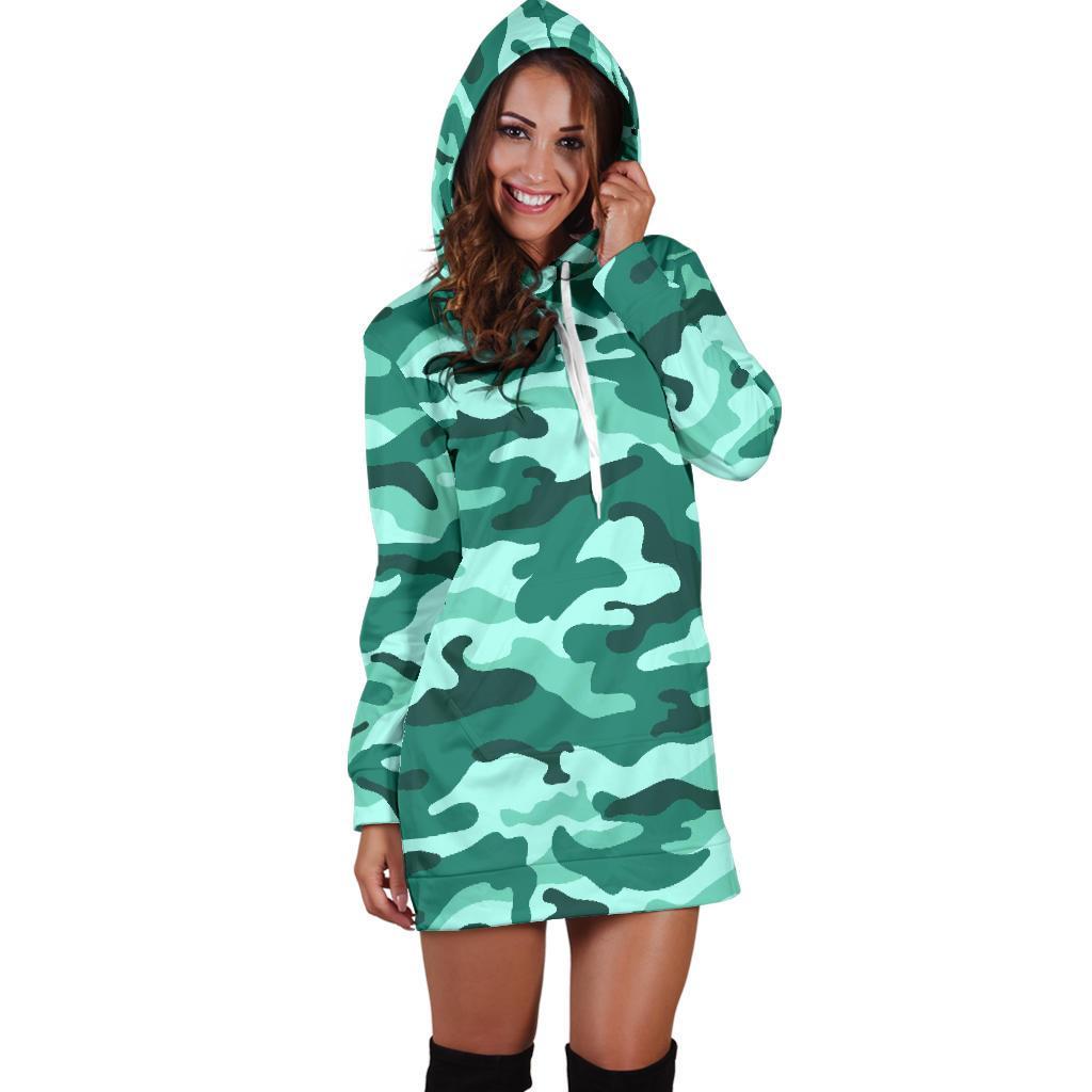 Teal Camouflage Print Hoodie Dress GearFrost