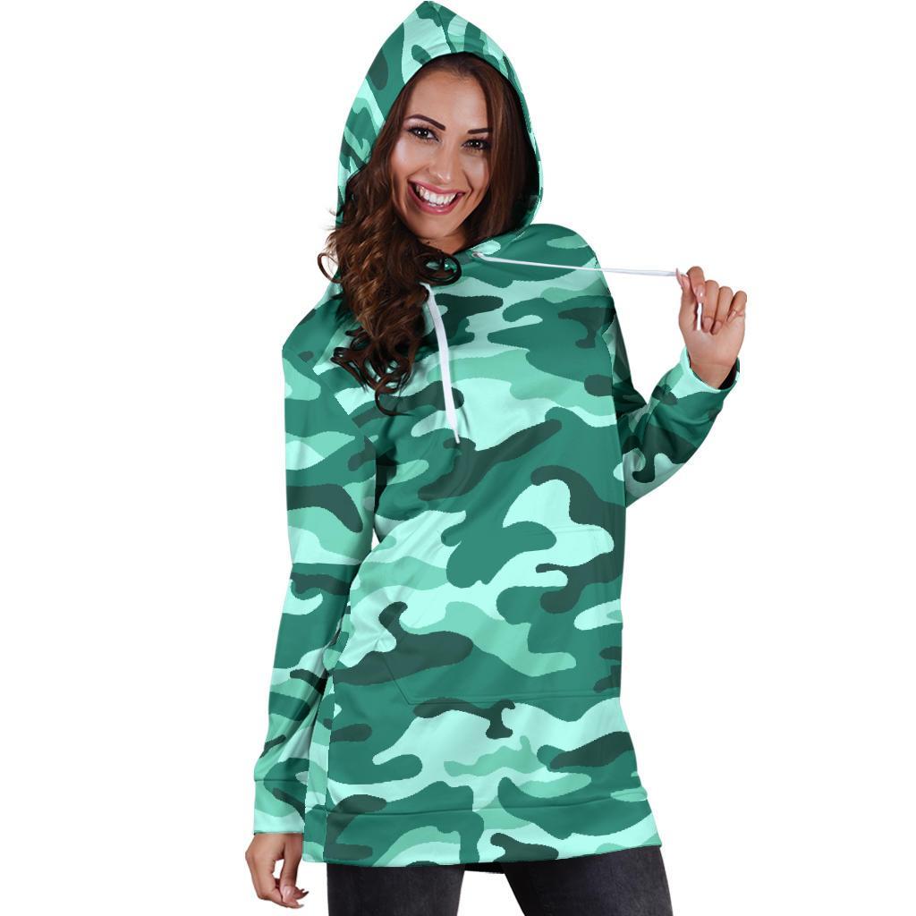 Teal Camouflage Print Hoodie Dress GearFrost