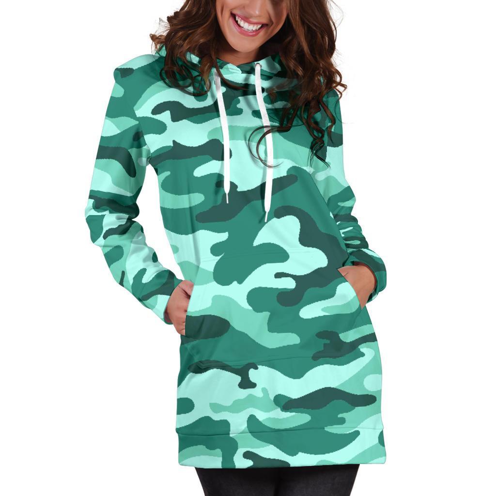 Teal Camouflage Print Hoodie Dress GearFrost