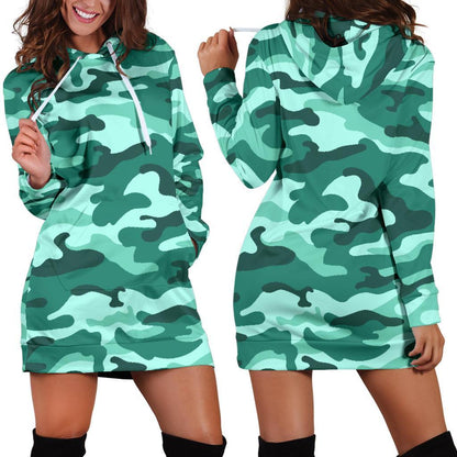 Teal Camouflage Print Hoodie Dress GearFrost