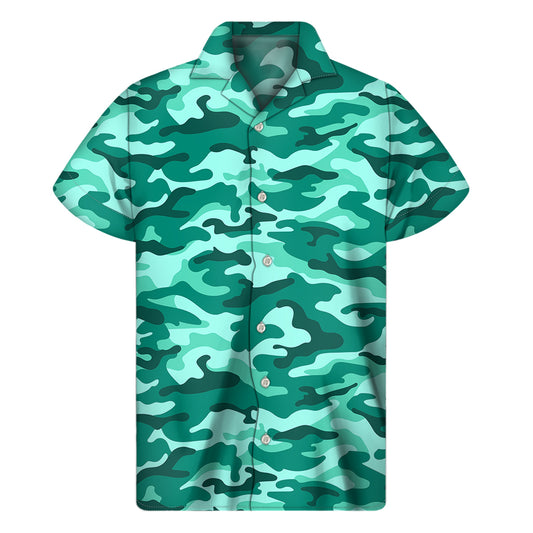 Teal Camouflage Print Men's Short Sleeve Shirt