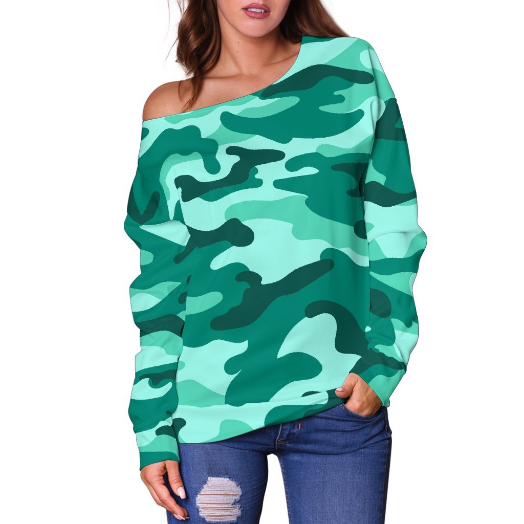 Teal Camouflage Print Off Shoulder Sweatshirt GearFrost