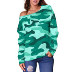 Teal Camouflage Print Off Shoulder Sweatshirt GearFrost