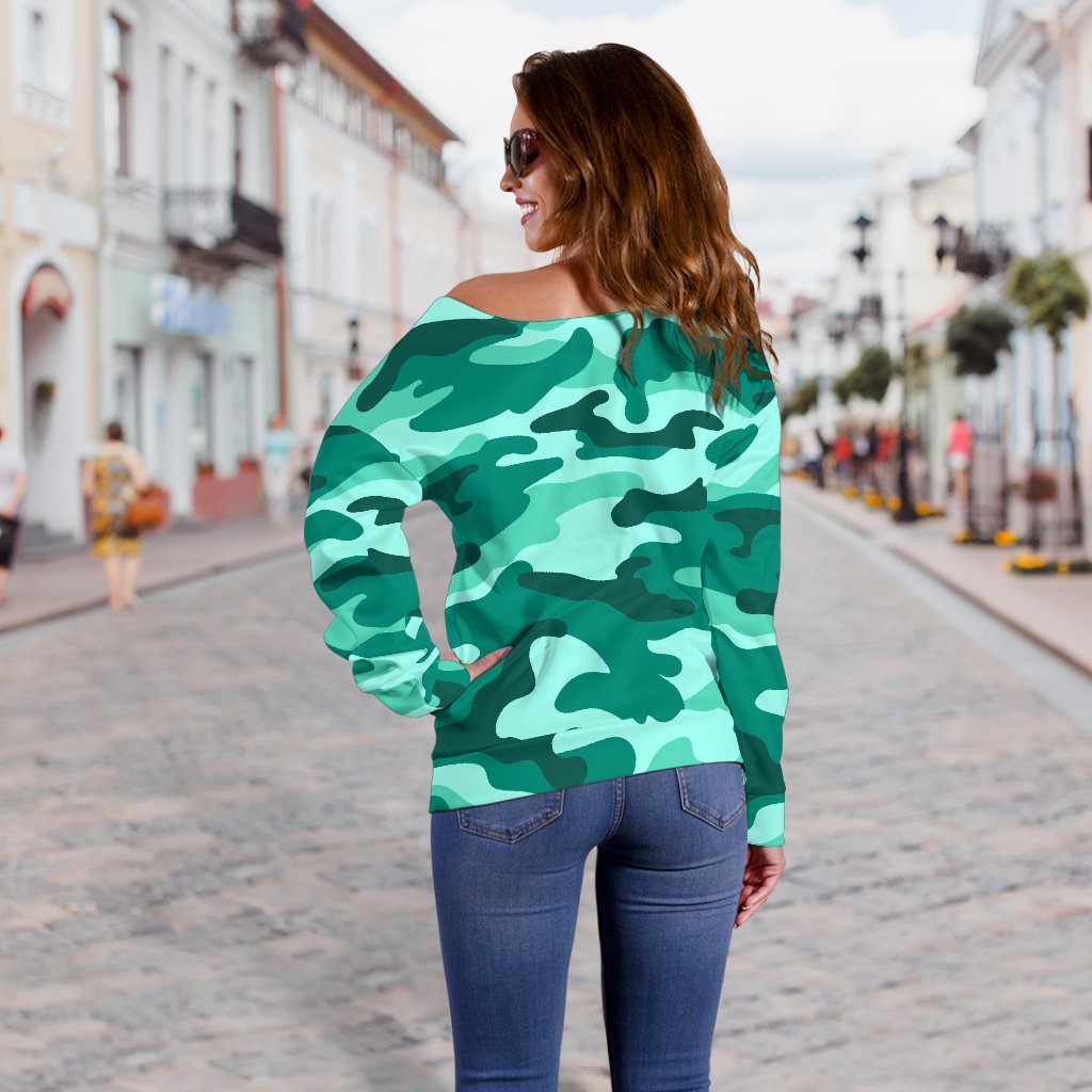 Teal Camouflage Print Off Shoulder Sweatshirt GearFrost