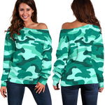 Teal Camouflage Print Off Shoulder Sweatshirt GearFrost