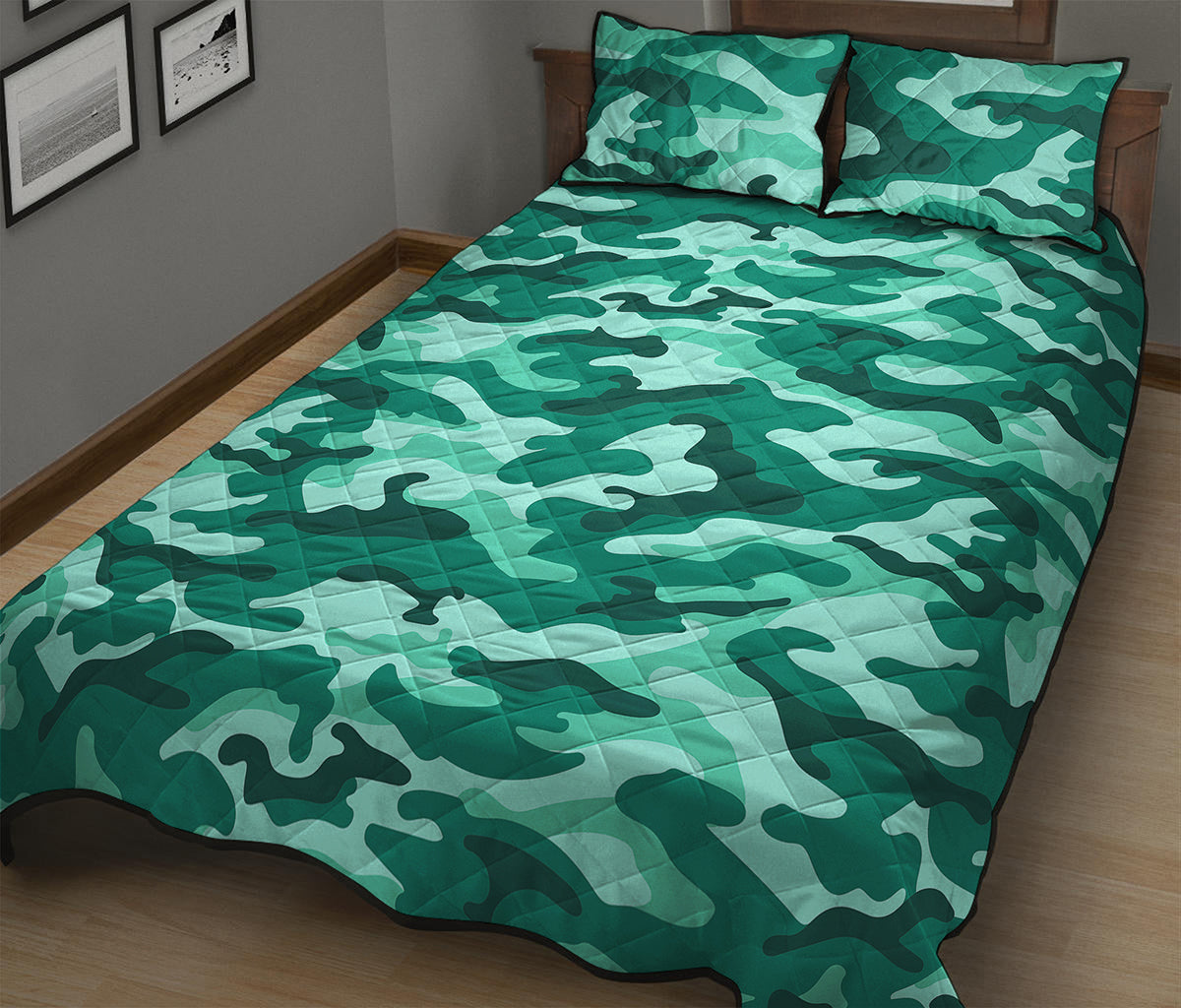 Teal Camouflage Print Quilt Bed Set