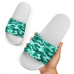 Teal Camouflage Print White Slide Sandals