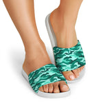 Teal Camouflage Print White Slide Sandals