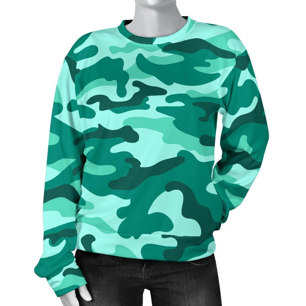 Teal Camouflage Print Women's Crewneck Sweatshirt GearFrost
