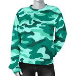 Teal Camouflage Print Women's Crewneck Sweatshirt GearFrost