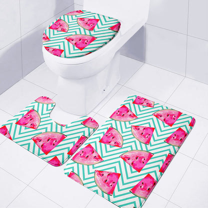 Teal Chevron Watermelon Pattern Print 3 Piece Bath Mat Set