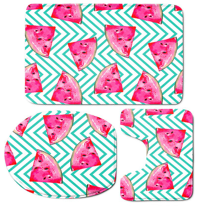 Teal Chevron Watermelon Pattern Print 3 Piece Bath Mat Set
