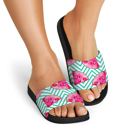 Teal Chevron Watermelon Pattern Print Black Slide Sandals