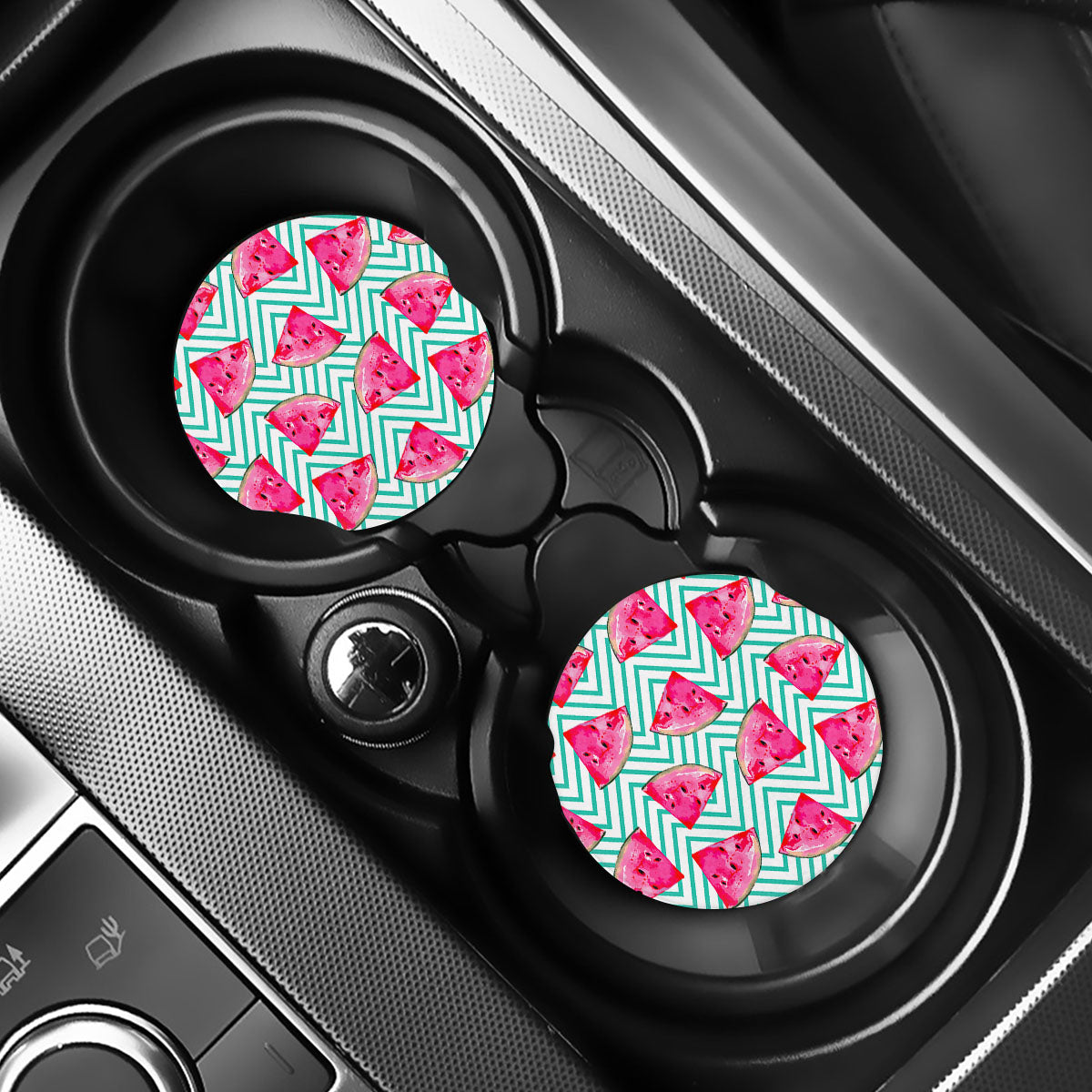 Teal Chevron Watermelon Pattern Print Car Coasters