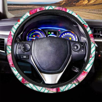 Teal Chevron Watermelon Pattern Print Car Steering Wheel Cover