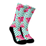 Teal Chevron Watermelon Pattern Print Crew Socks