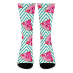 Teal Chevron Watermelon Pattern Print Crew Socks