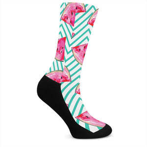 Teal Chevron Watermelon Pattern Print Crew Socks