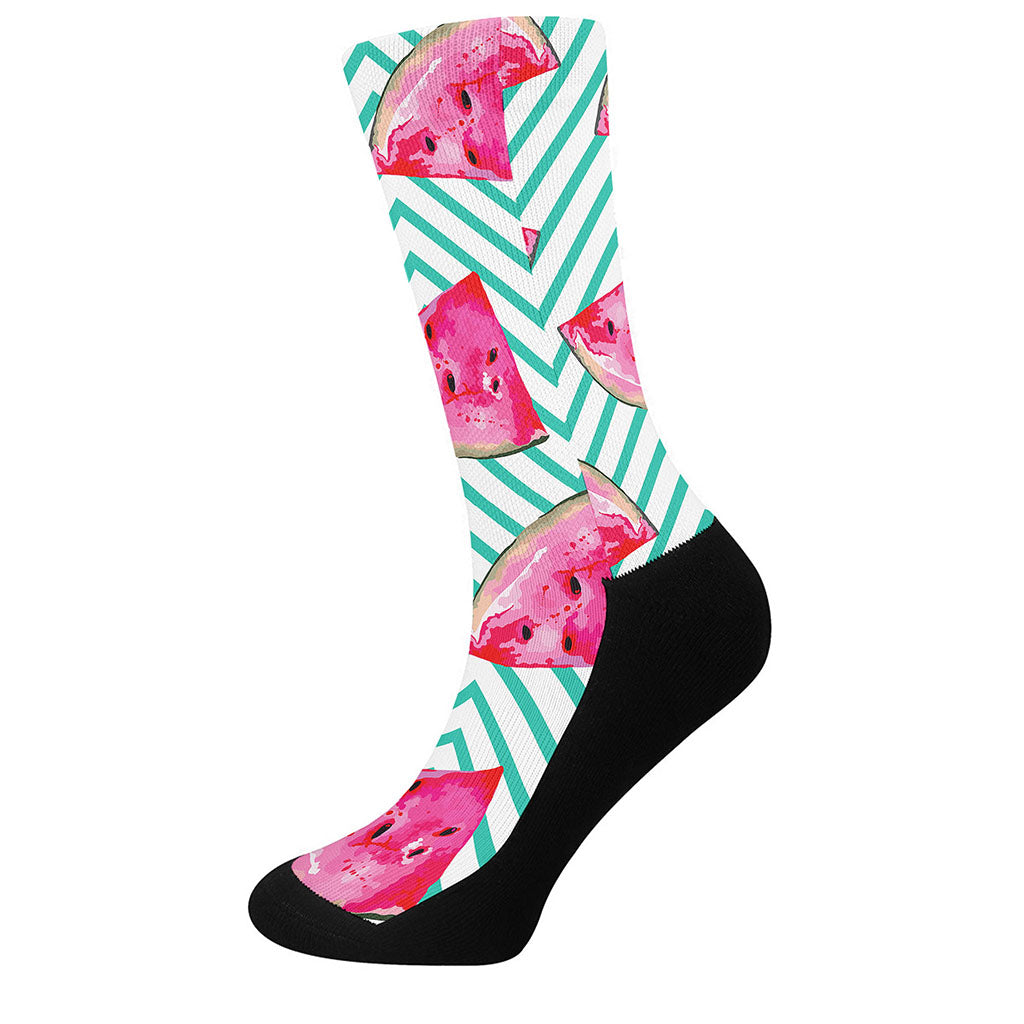 Teal Chevron Watermelon Pattern Print Crew Socks