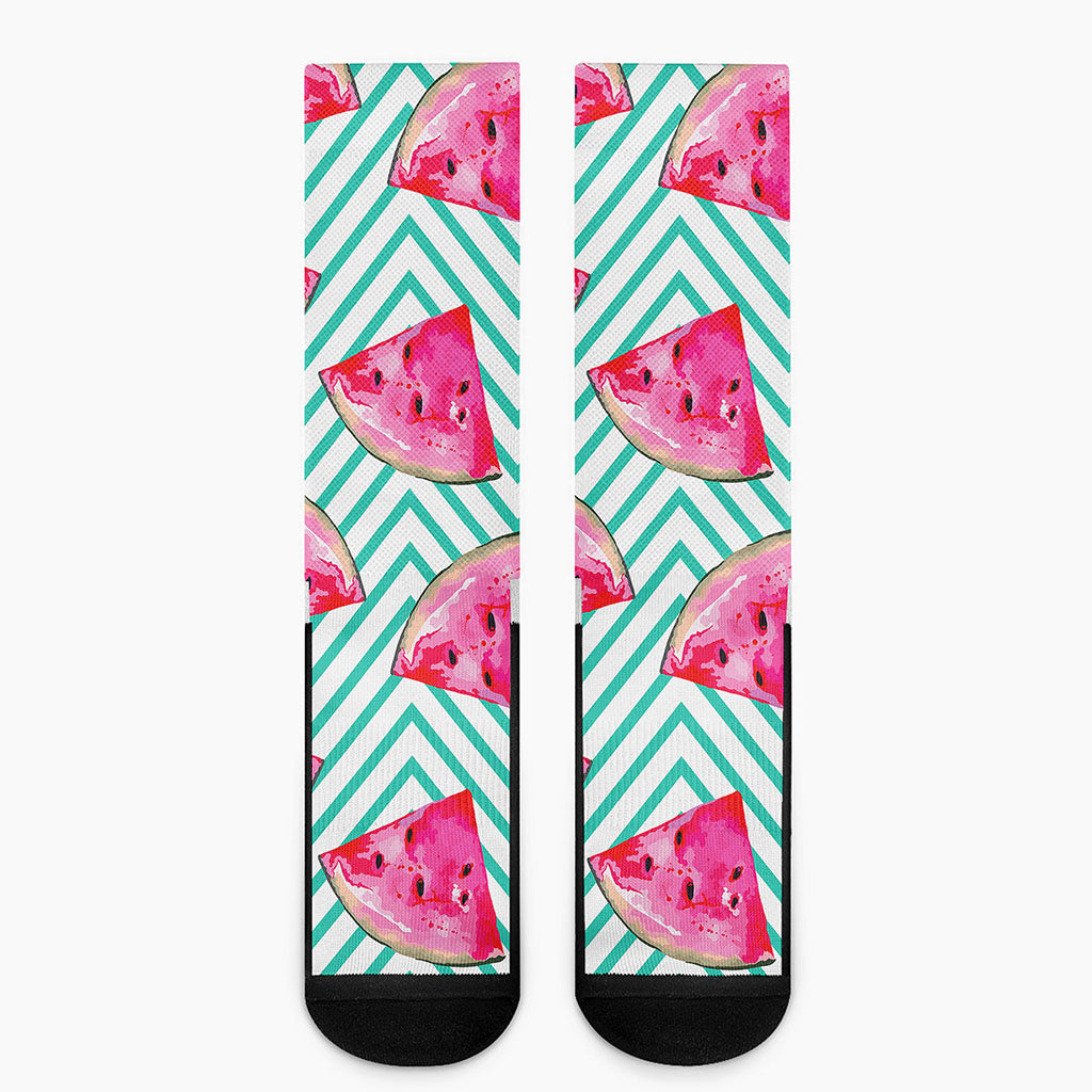 Teal Chevron Watermelon Pattern Print Crew Socks