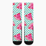 Teal Chevron Watermelon Pattern Print Crew Socks