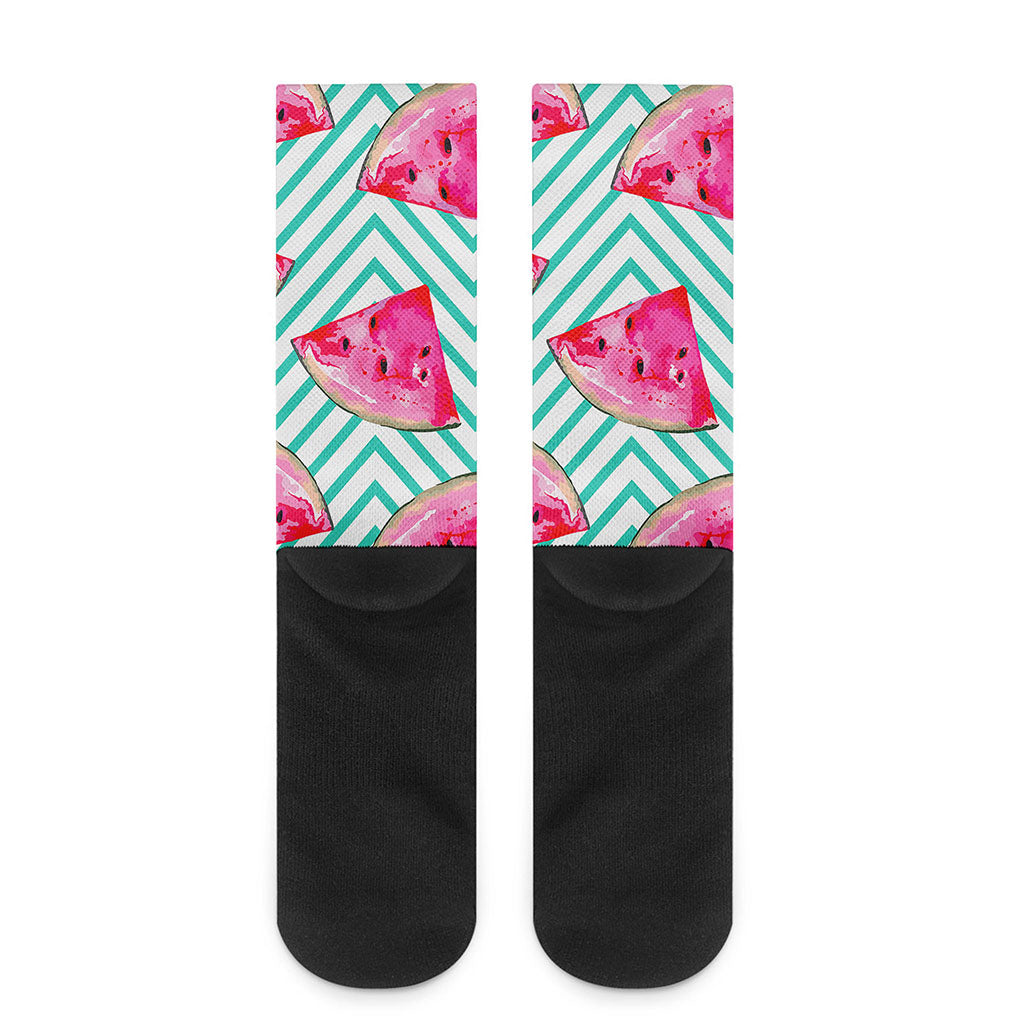 Teal Chevron Watermelon Pattern Print Crew Socks