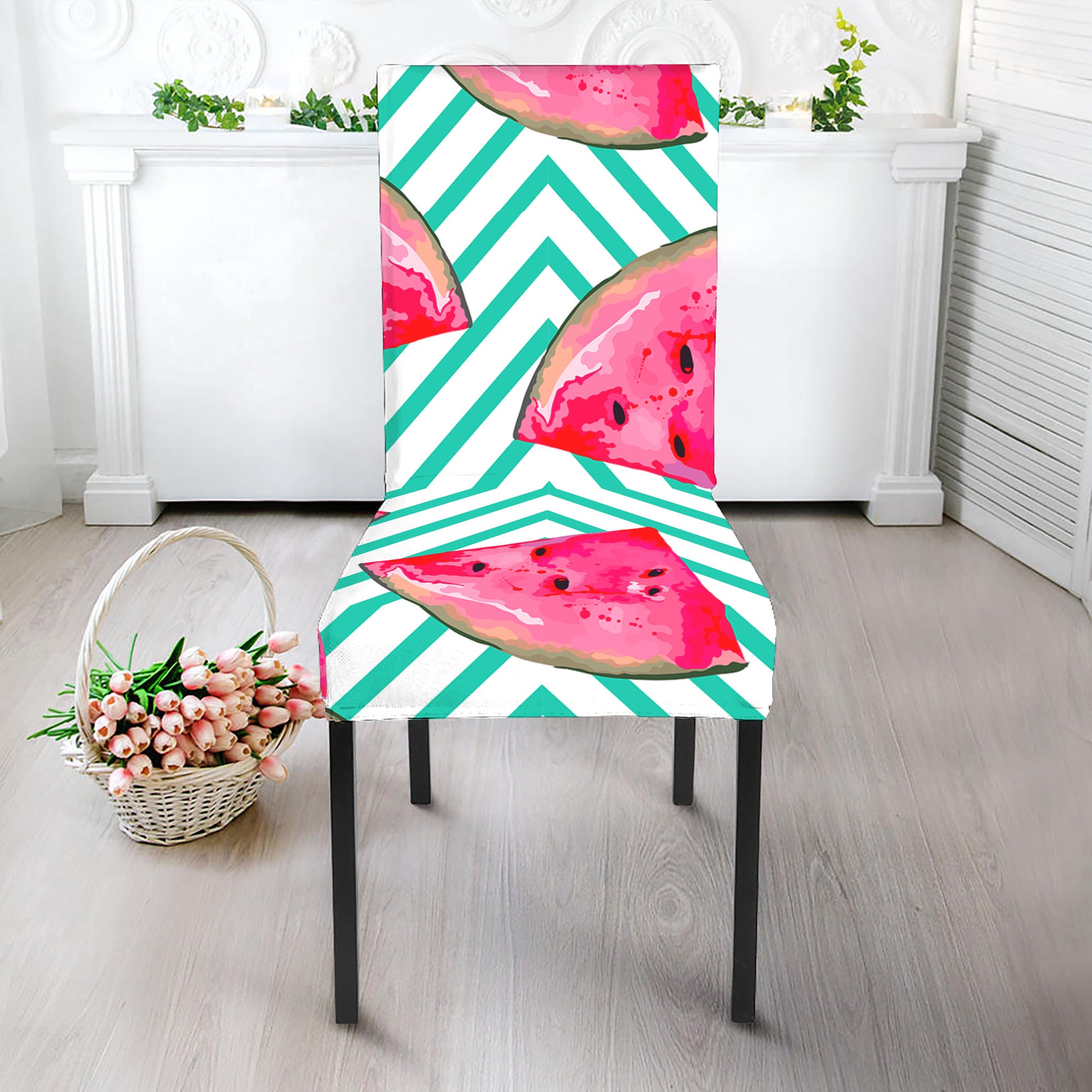 Teal Chevron Watermelon Pattern Print Dining Chair Slipcover