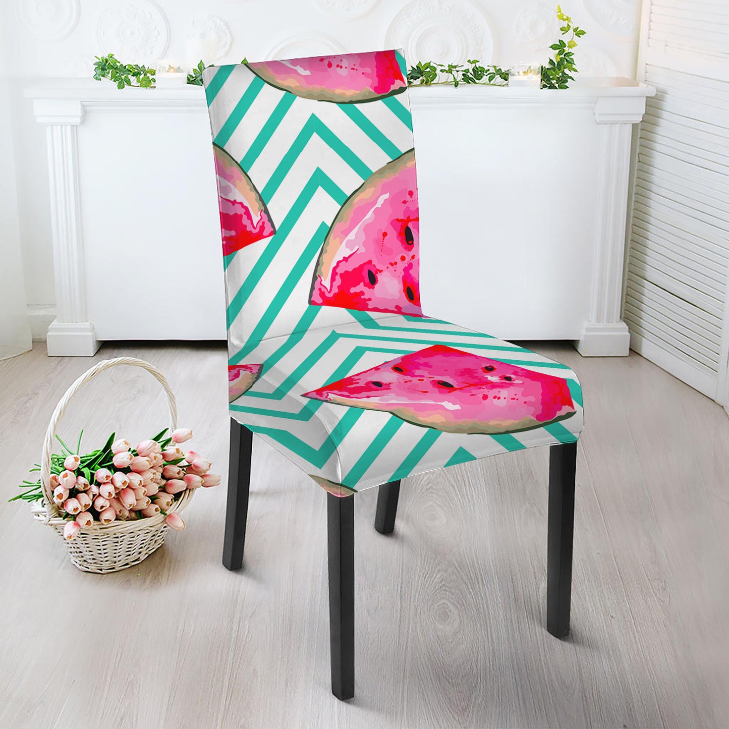 Teal Chevron Watermelon Pattern Print Dining Chair Slipcover
